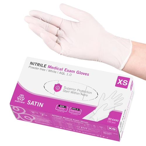 Nitrila cimdi Evercare bez pūdera, XS, satīna balti, AQL 1,0 – 150 gab.