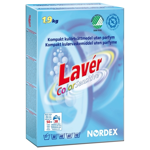 Pyykinpesujauhe värillisille Lavér Sensitive – 1,9 kg Joutsenmerkki AstmaAllergia