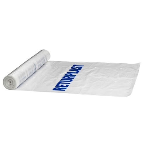 Atkritumu maiss LD plastmasa ar mezglu un uzrakstu RETURPLAST – 240L 450/400x1600mm 50my caurspīdīgs – 10 gab