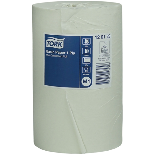 Tork papīra dvieļu rullis 1-slāņu, centrālais padeve M1 – Tork Basic 120m 0,62kg balts – 11 gab.