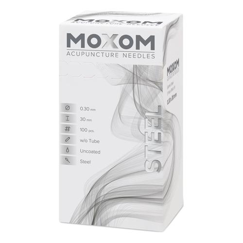Akupunkturnåle med stålhåndtag, ubelagt – MOXOM Stål – 0,30 x 30 mm (uden rør) 100 nåle