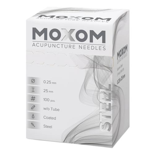 Akupunkturnåle med stålhåndtag, silikonebelagt – MOXOM Stål – 0,25 x 25 mm (uden rør) 100 nåle