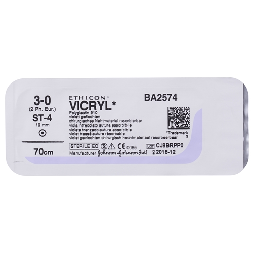 Vicryl šuve 3-0 BA2574H – 70cm adata ST-4 – 36 gab