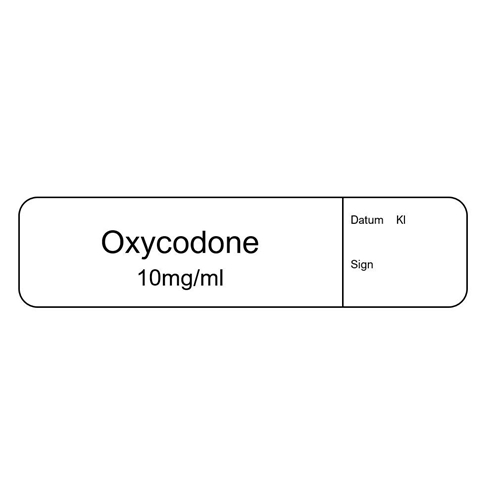 Sprøjteetiket Oxycodone 10mg/ml – 12x50mm hvid med sort tekst – 500 stk