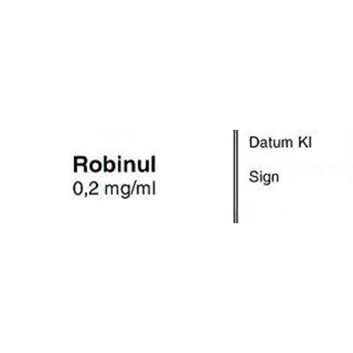 Sprøjtetiket Robinul 0,2mg/ml – 12x50mm hvid med sort tekst – 500 stk