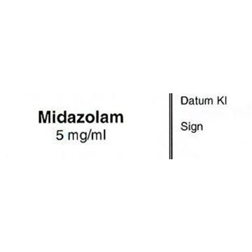Sprøjteetiket Midazolam 5mg/ml – 12x50mm hvid med sort tekst – 500 stk