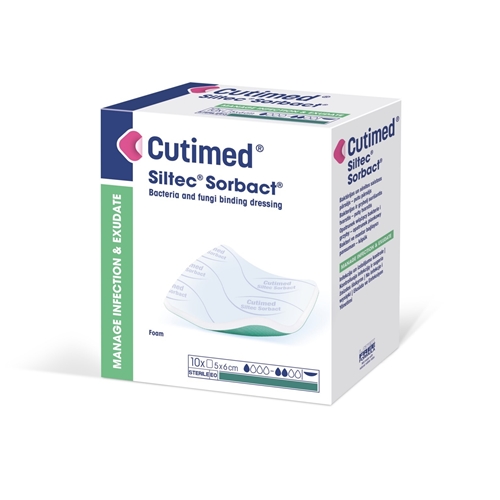 Bakteriebindende skumforbinding Cutimed Siltec Sorbact – 5x6cm – 10 stk