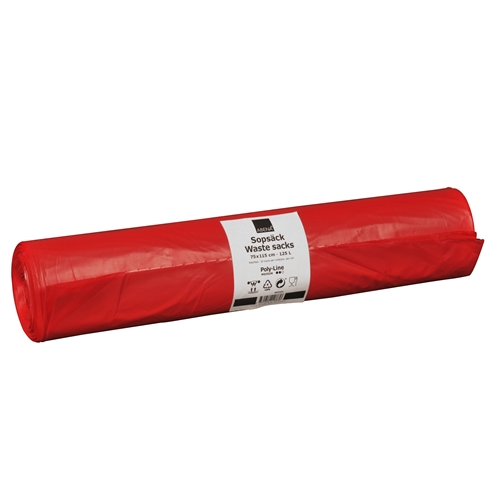 Sadzīves atkritumu maiss LLD plastmasa co-ex – 125L 750x1150mm 32my sarkans – 150 gab.