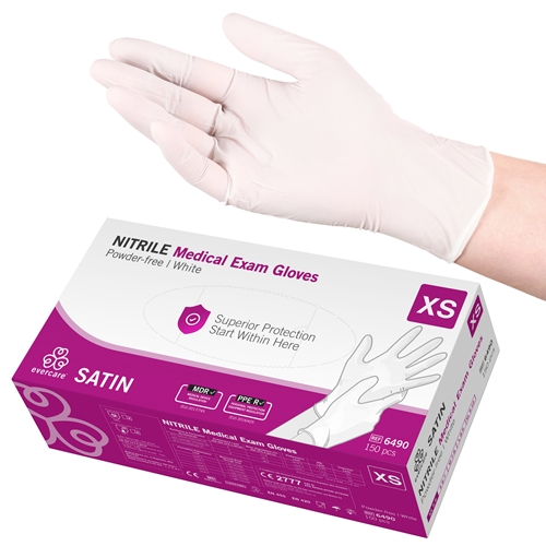 Nitrila cimdi Evercare PF – XS SATIN balti AQL 1,5 – 150 gab.