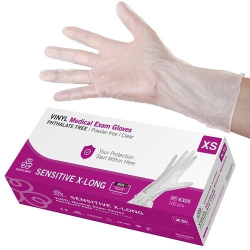 Vinila cimdi Evercare PF – XS ftalātbrīvi, īpaši gari, AQL 1,5 – 100 gab.