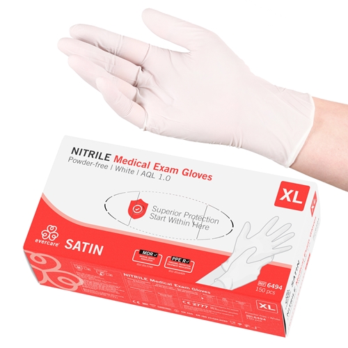 Evercare nitrila izmeklējumu cimdi bez pūdera – izmērs XL, Satin, balti, AQL 1,0 – 150 gab.