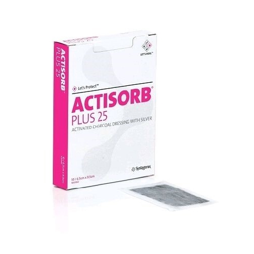 Kol/sølvkompres Actisorb Plus 25 – 6,5×9,5cm – 10 stk