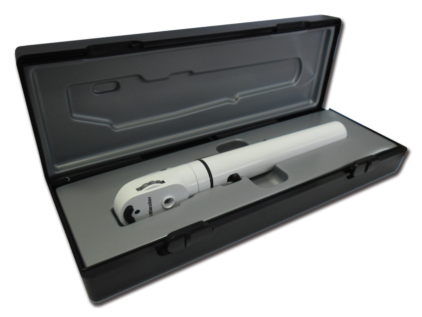 E-SCOPE F.O. oftalmoskops – LED 3,7V – balts cietā futrālī